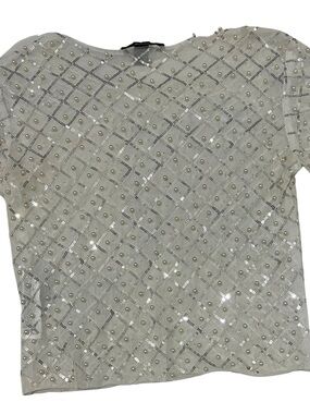 Forever 21 Ivory Sequin & Pearl Embellished Short Sleeve Top